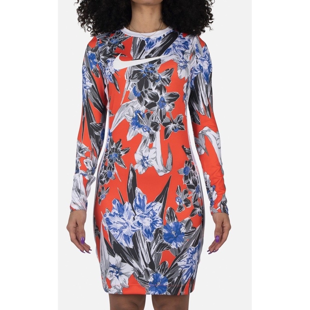 Nike Hyper Femme AOP Sportswear Long-Sleeve Orange Blue Floral Dress Size M NWOT